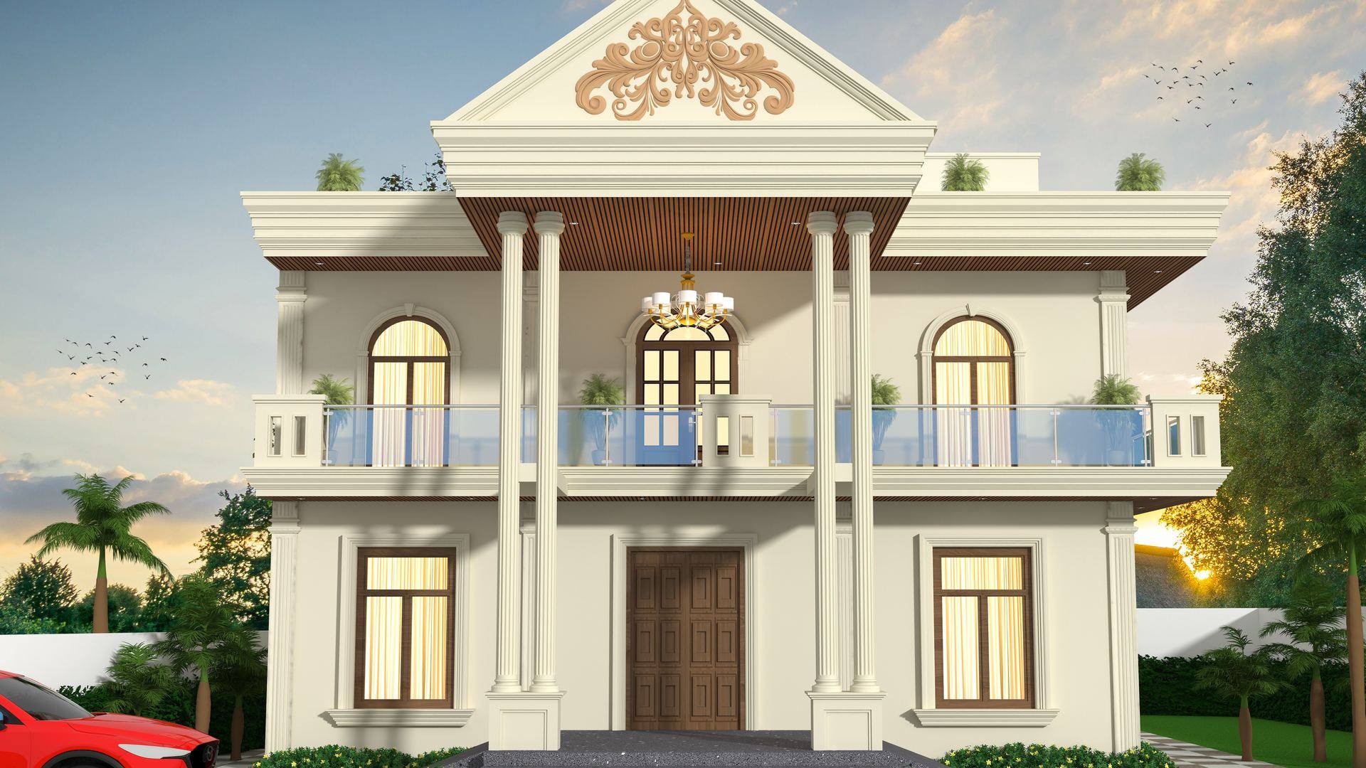 Classical-style residence elevation with arched openings and stone detailing