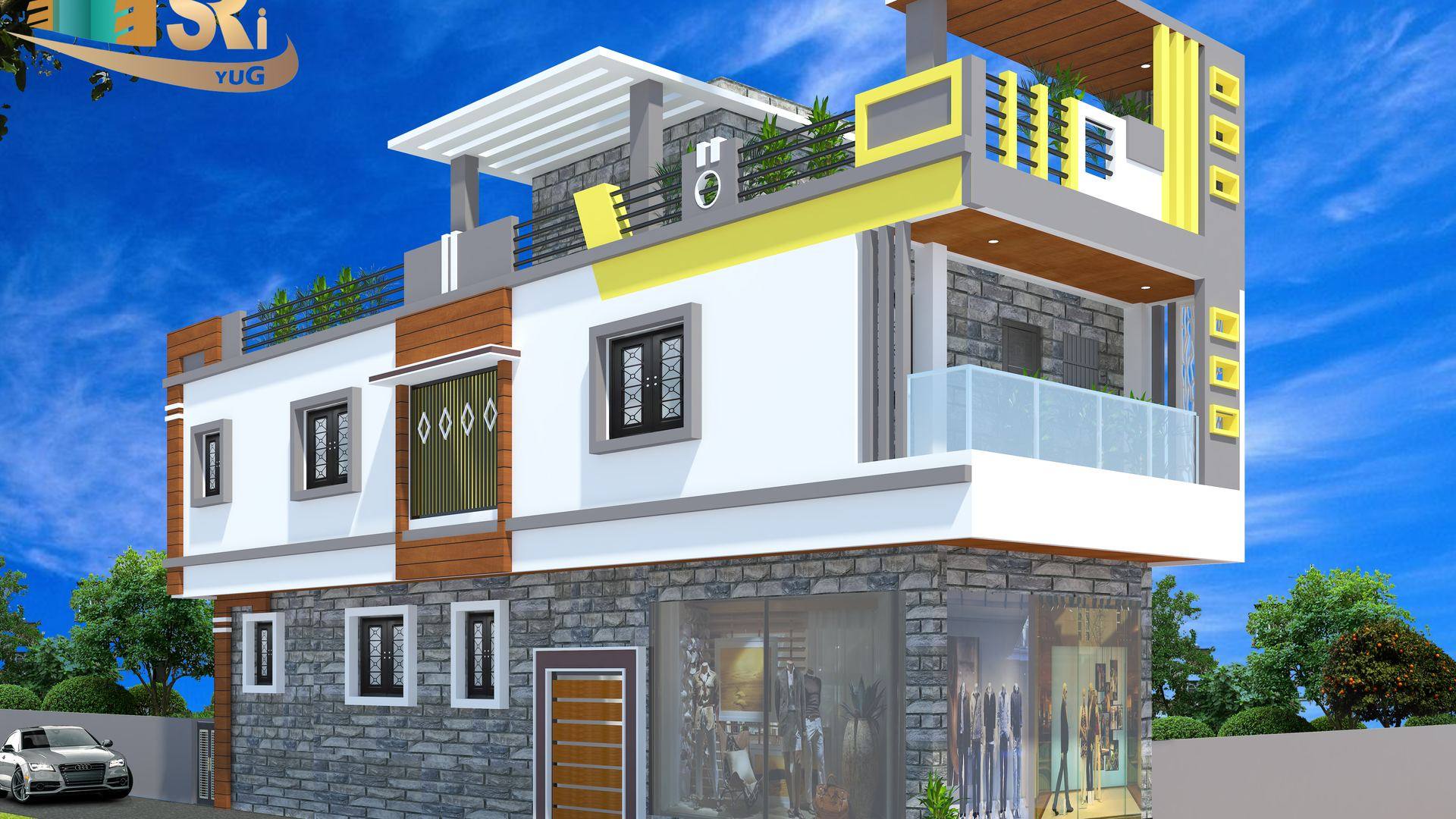 Completed mixed-use building with ground floor shops and residence above