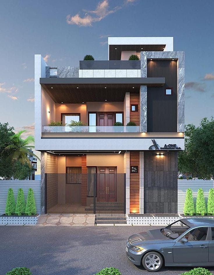 Two-storey residence elevation rendered at dusk with warm facade lighting